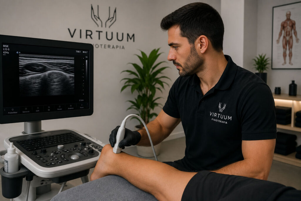 Fisioterapeuta realizando una ecografía musculoesquelética para valorar una lesión de rodilla en Virtuum Fisioterapia.