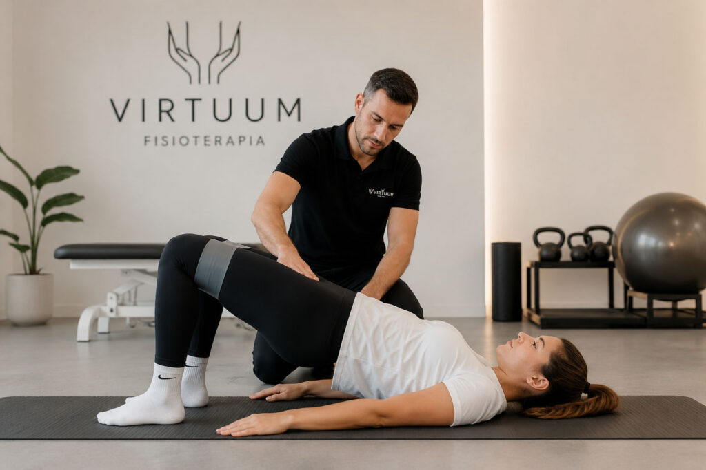 Fisioterapeuta supervisando una sesión de ejercicio terapéutico personalizada en Virtuum Fisioterapia.