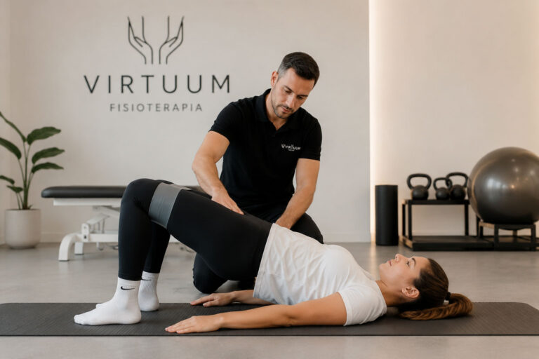 Fisioterapeuta supervisando una sesión de ejercicio terapéutico personalizada en Virtuum Fisioterapia.
