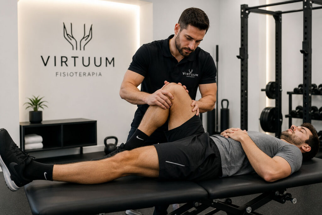 Fisioterapeuta realizando un tratamiento de fisioterapia deportiva para la recuperación de una lesión de rodilla en Virtuum Fisioterapia.