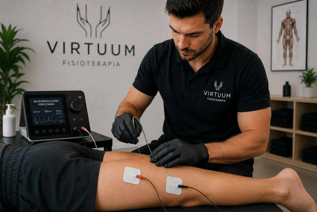 Fisioterapeuta realizando una sesión de neuromodulación percutánea ecoguiada para el tratamiento del dolor y la recuperación neuromuscular en Virtuum Fisioterapia.