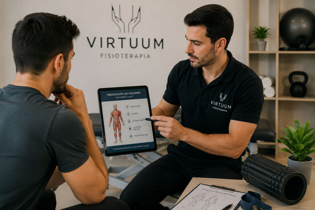 Fisioterapeuta asesorando a un paciente sobre prevención de lesiones mediante una valoración personalizada en Virtuum Fisioterapia.