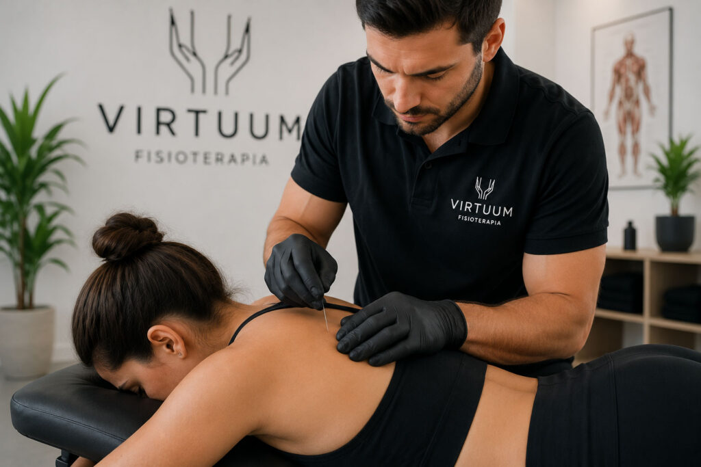Fisioterapeuta realizando una sesión de punción seca para tratar puntos gatillo musculares en Virtuum Fisioterapia.