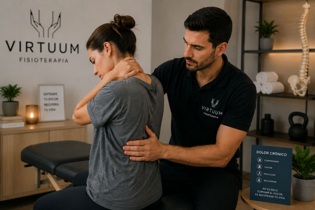 Fisioterapeuta evaluando a una paciente con dolor cervical durante un tratamiento personalizado para el dolor crónico en Virtuum Fisioterapia.