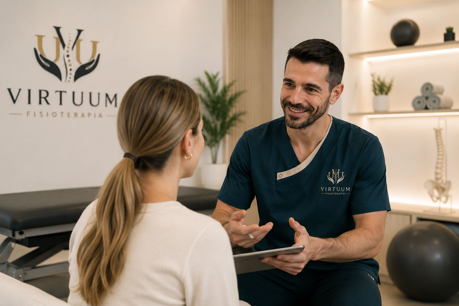 Fisioterapeuta realizando una valoración personalizada a una paciente en la clínica Virtuum Fisioterapia.